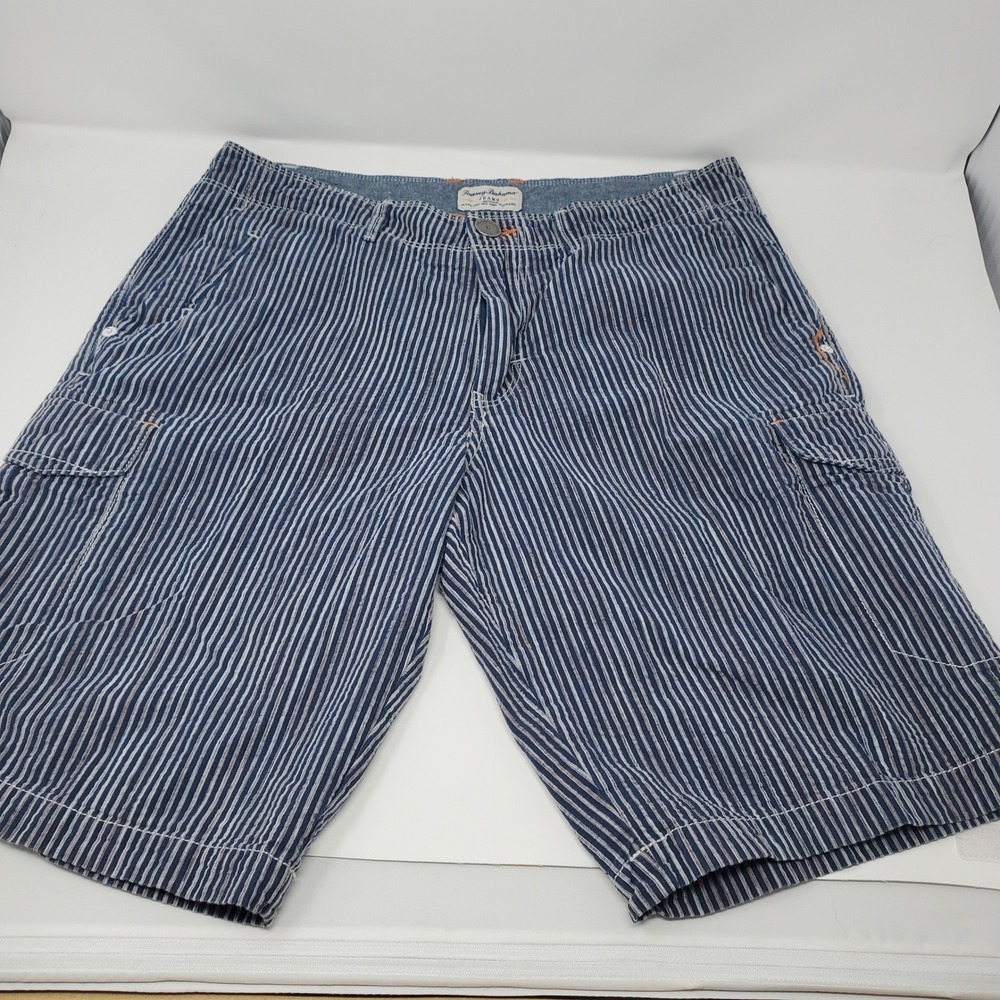 Tommy Bahama Shorts Mens 32 Authentic Blue Hickory Stripe Cargo Cotton Blend